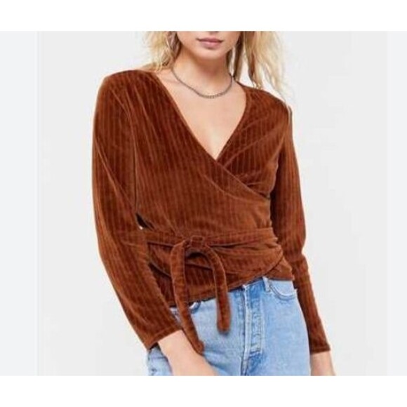 Rita Row Ribbed Velvet Wrap Shirt Blouse Brown Tan - Women's Small - Picture 1 of 6